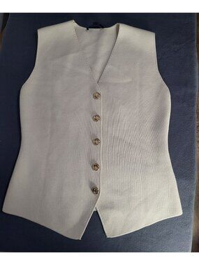Zara Women's SZ XL Sweater Vest Gold Tone Button Front V Neck Stretch Neutral